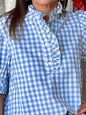 Blue and White Gingham Ruffle Henley Blouse. Cotton
